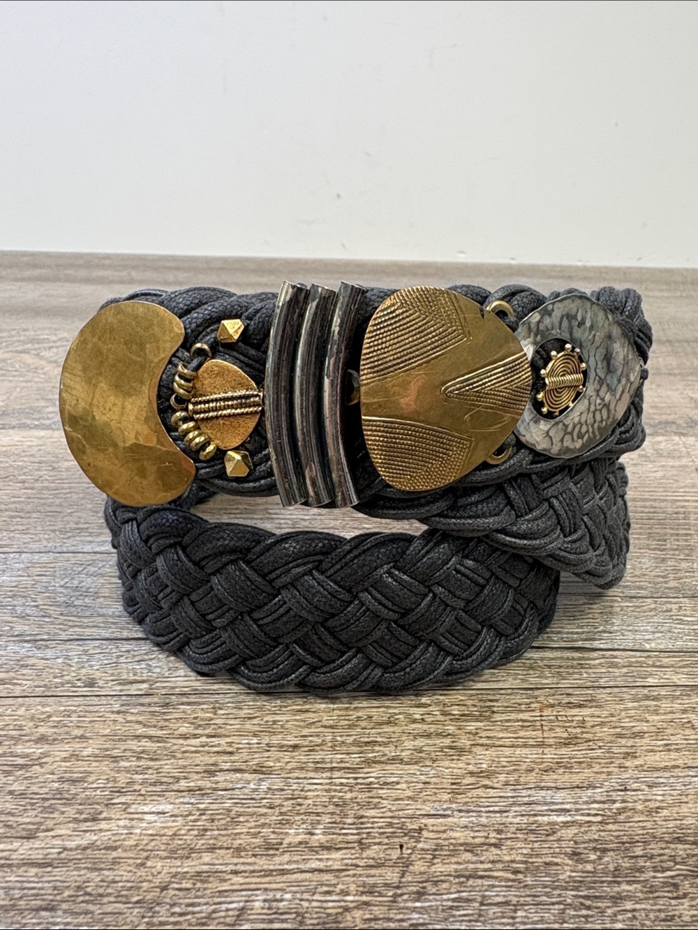Marjorie Baer Braided Embellished Statement Belt Black Gold 39”